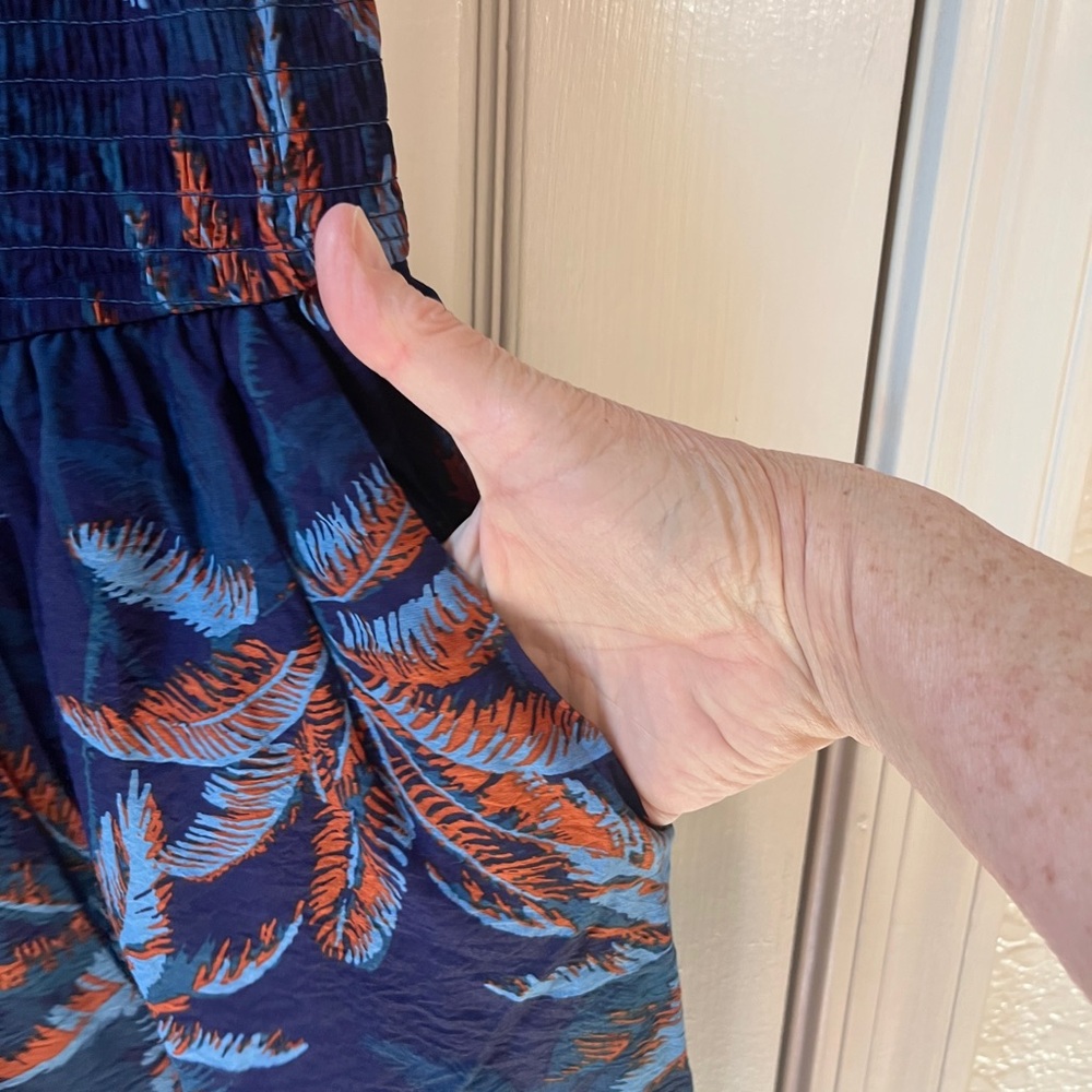 NWT Torrid Navy and Orange Leaf Print Jumpsuit - Picture 3 of 10